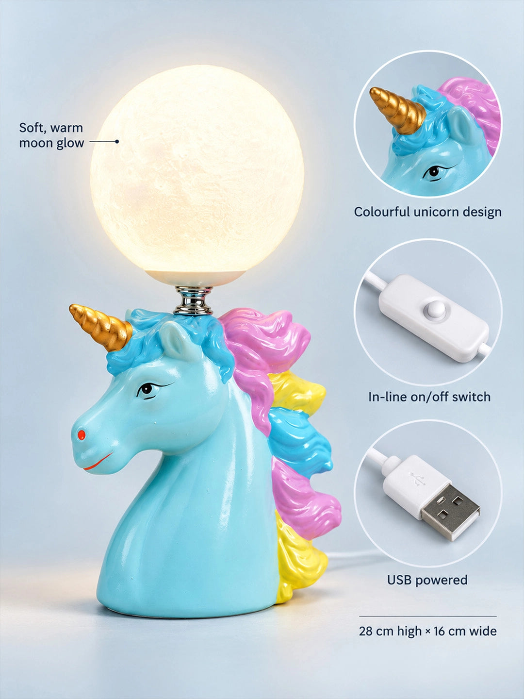 Blue ceramic Unicorn Moon, side Bed Table Lamp, Kids Room Decor