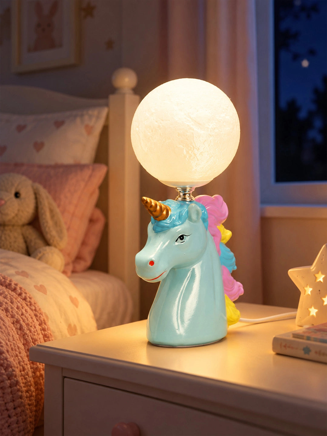 Blue ceramic Unicorn Moon, side Bed Table Lamp, Kids Room Decor