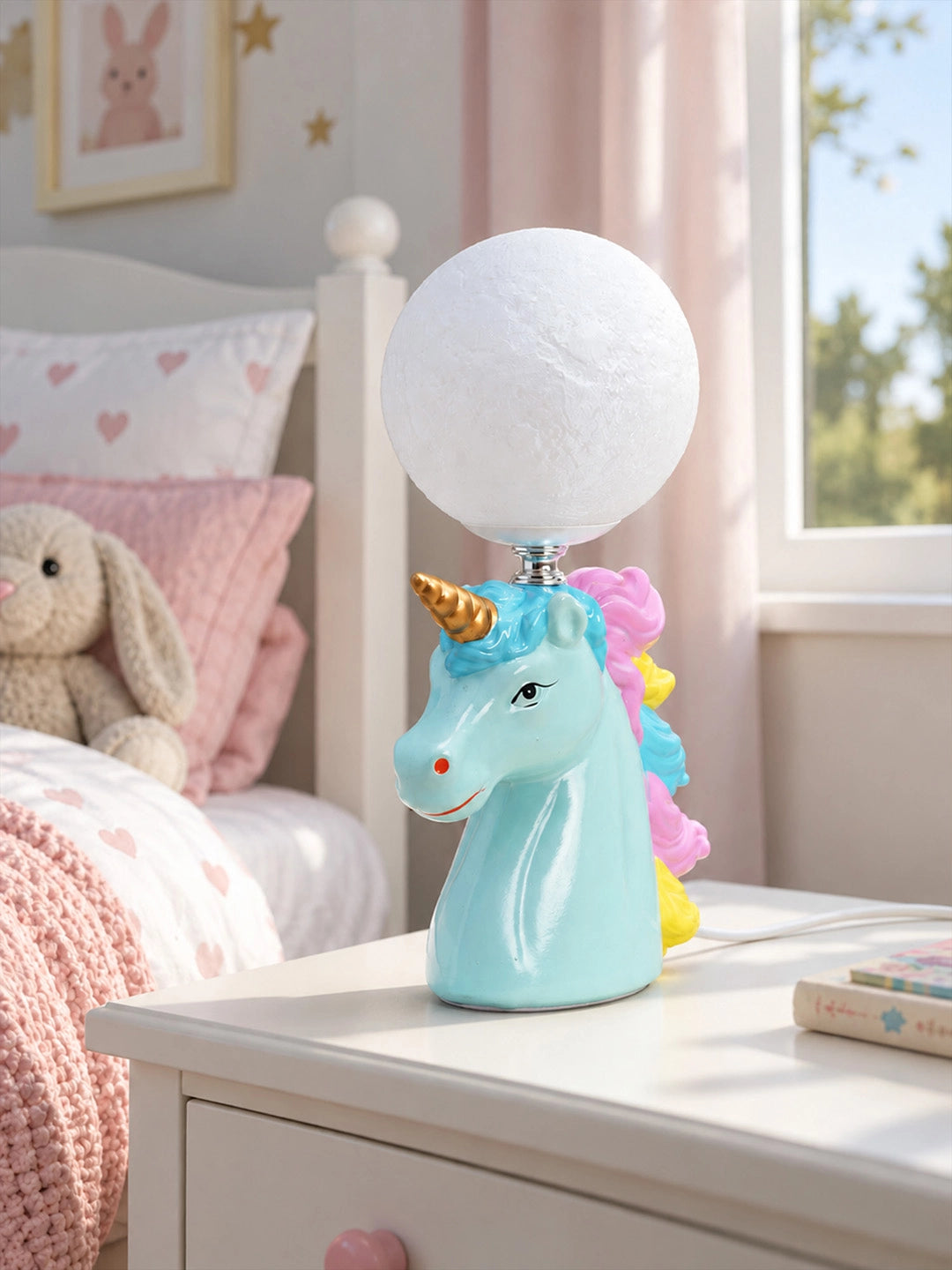 Blue ceramic Unicorn Moon, side Bed Table Lamp, Kids Room Decor
