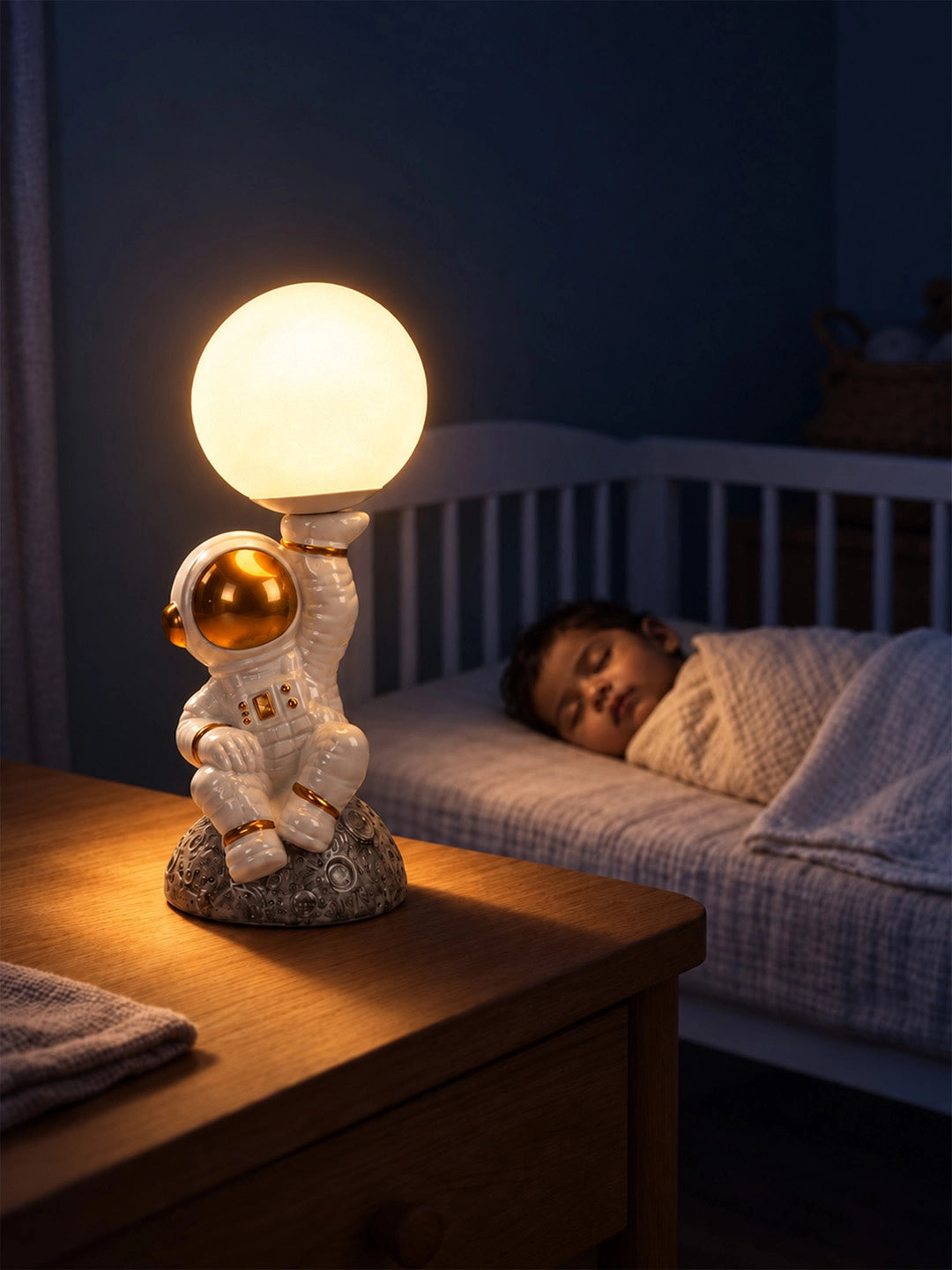 Golden Astronaut Holding Moon, side Bed Table Lamp, Kids Room Decor