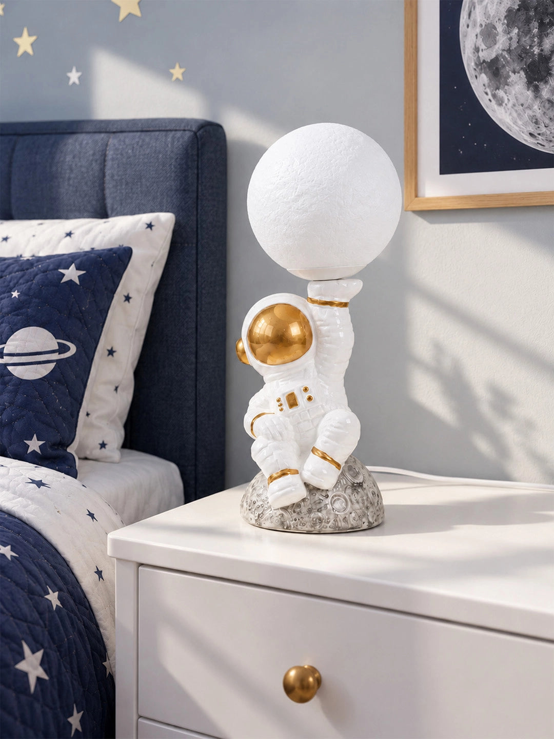 Golden Astronaut Holding Moon, side Bed Table Lamp, Kids Room Decor