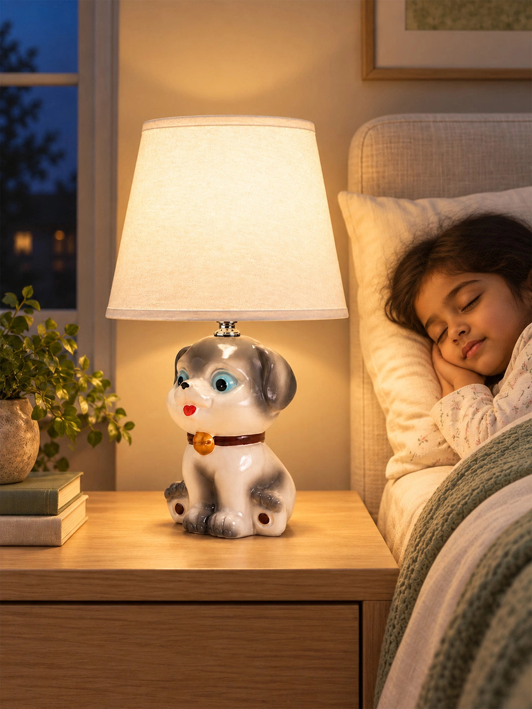 Grey ceramic Dog side Bed Table Lamp, Kids Room Decor
