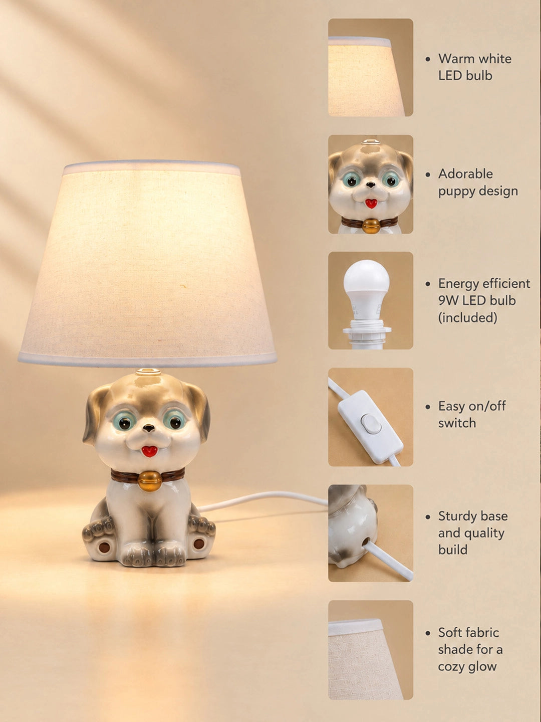 Grey ceramic Dog side Bed Table Lamp, Kids Room Decor