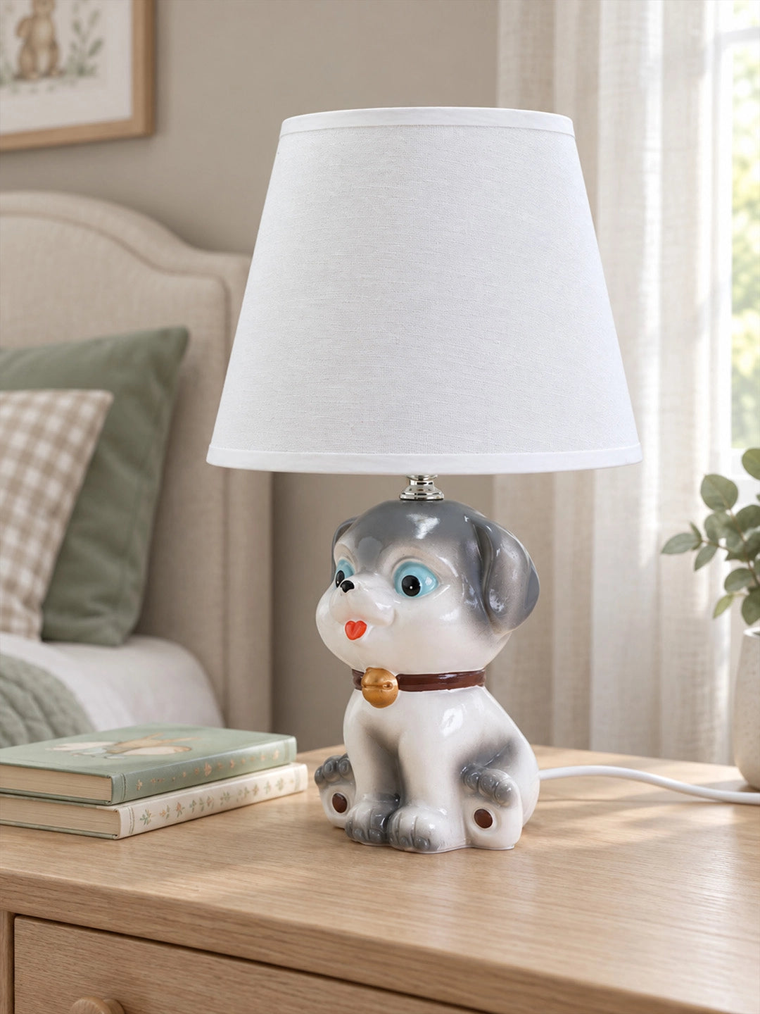 Grey ceramic Dog side Bed Table Lamp, Kids Room Decor