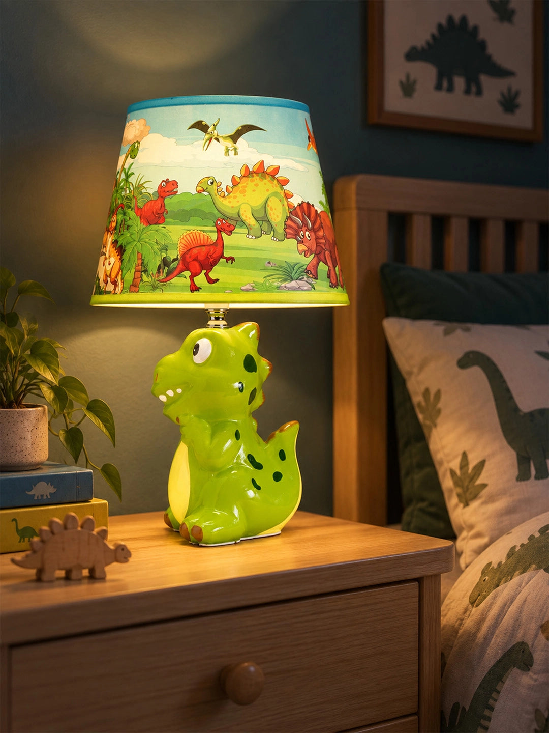 Green ceramic Dino Table side Bed Table Lamp, Kids Room Decor