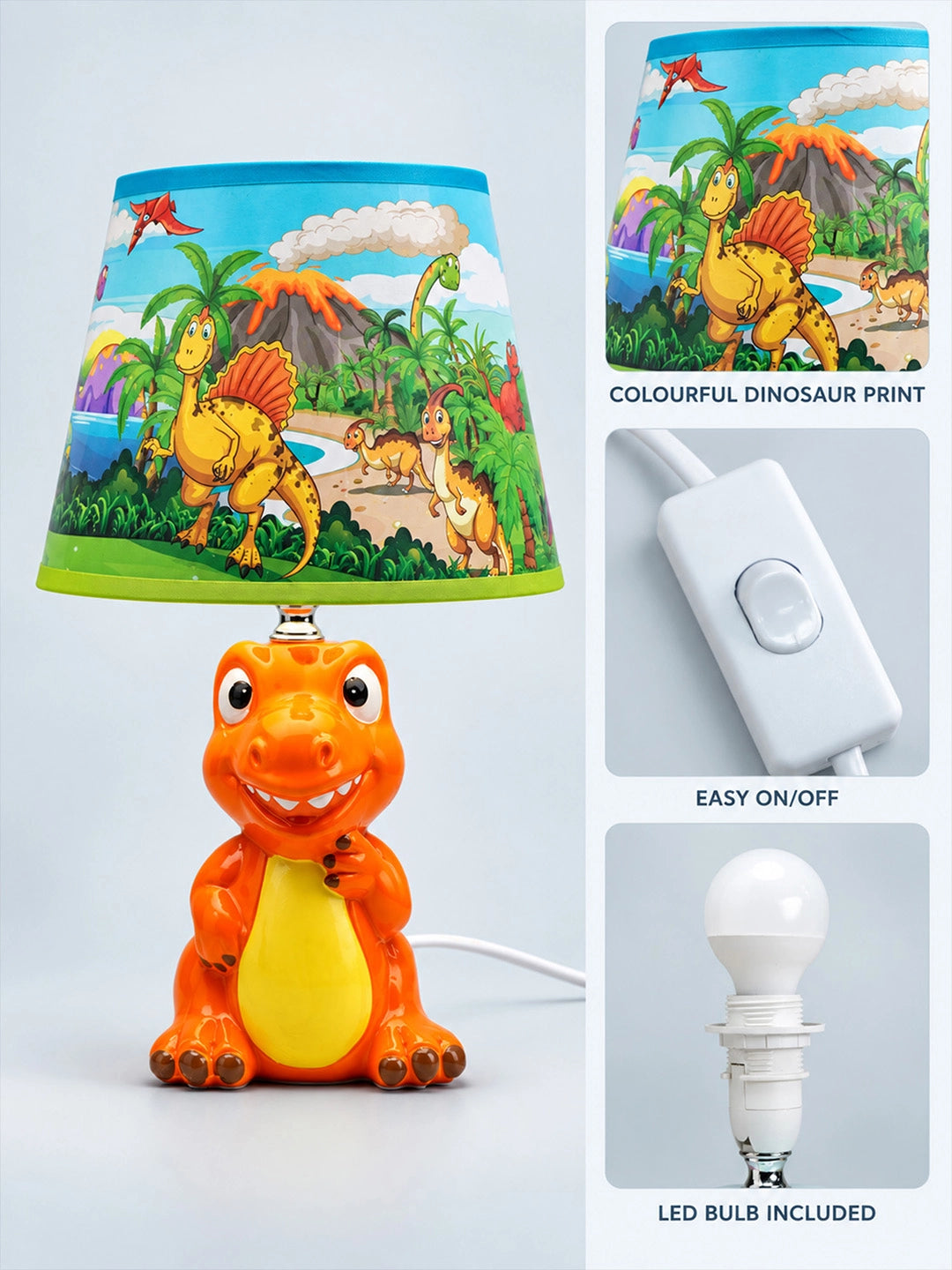 Orange ceramic Dino side Bed Table Lamp, Kids Room Decor