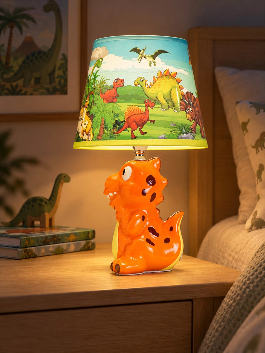 Orange ceramic Dino side Bed Table Lamp, Kids Room Decor