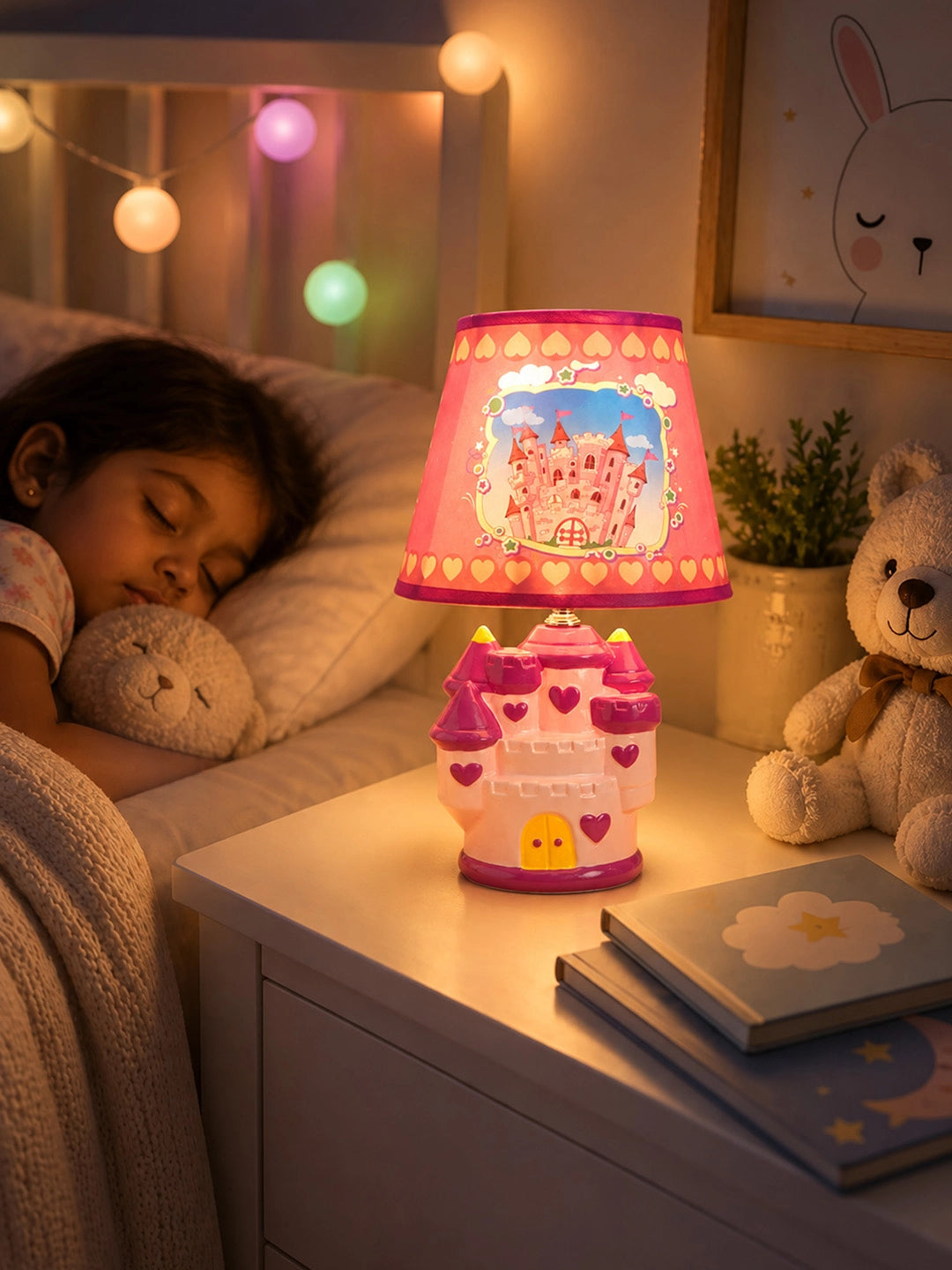 Pink Princess ceramic Castle side Bed Table Lamp, Kids Room Decor