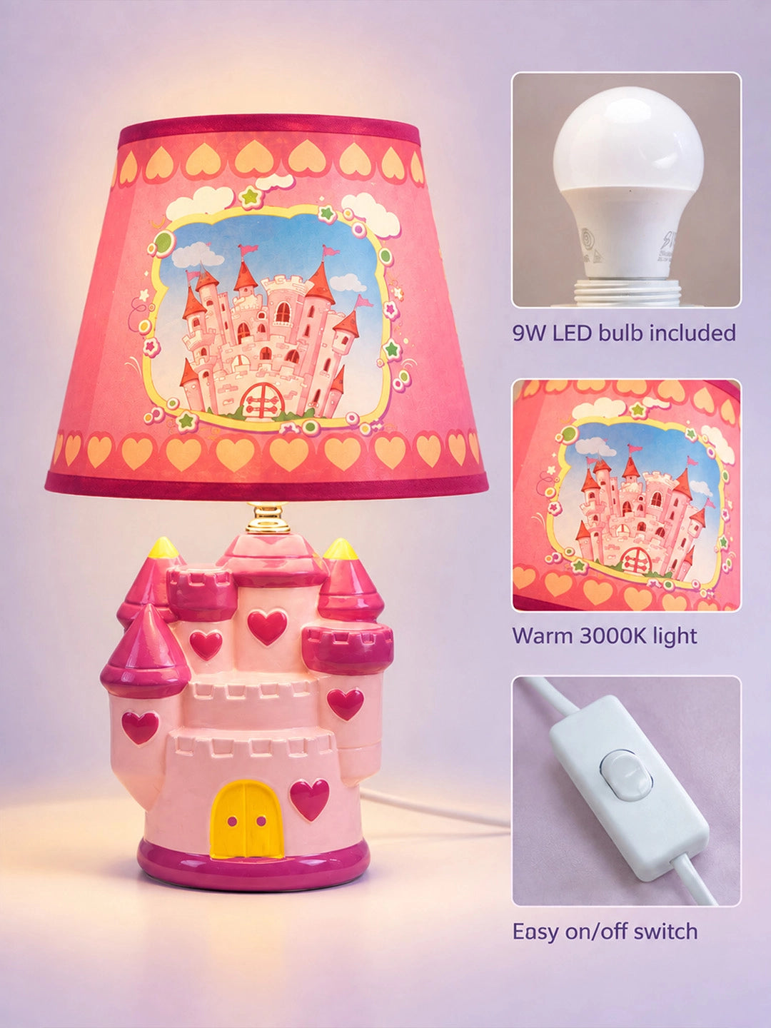 Pink Princess ceramic Castle side Bed Table Lamp, Kids Room Decor