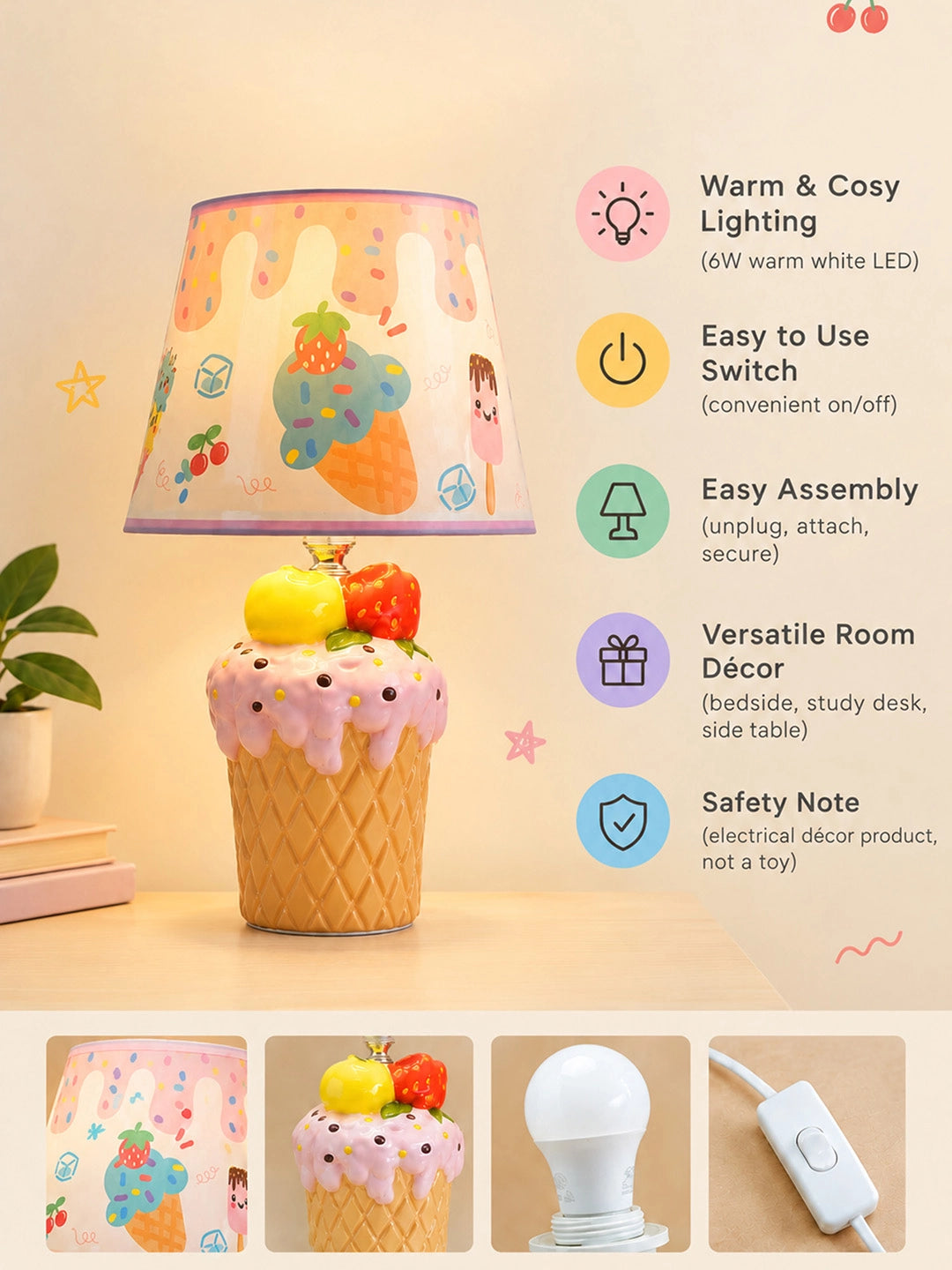 Pink ceramic Ice Cream Table side Bed Table Lamp, Kids Room Decor