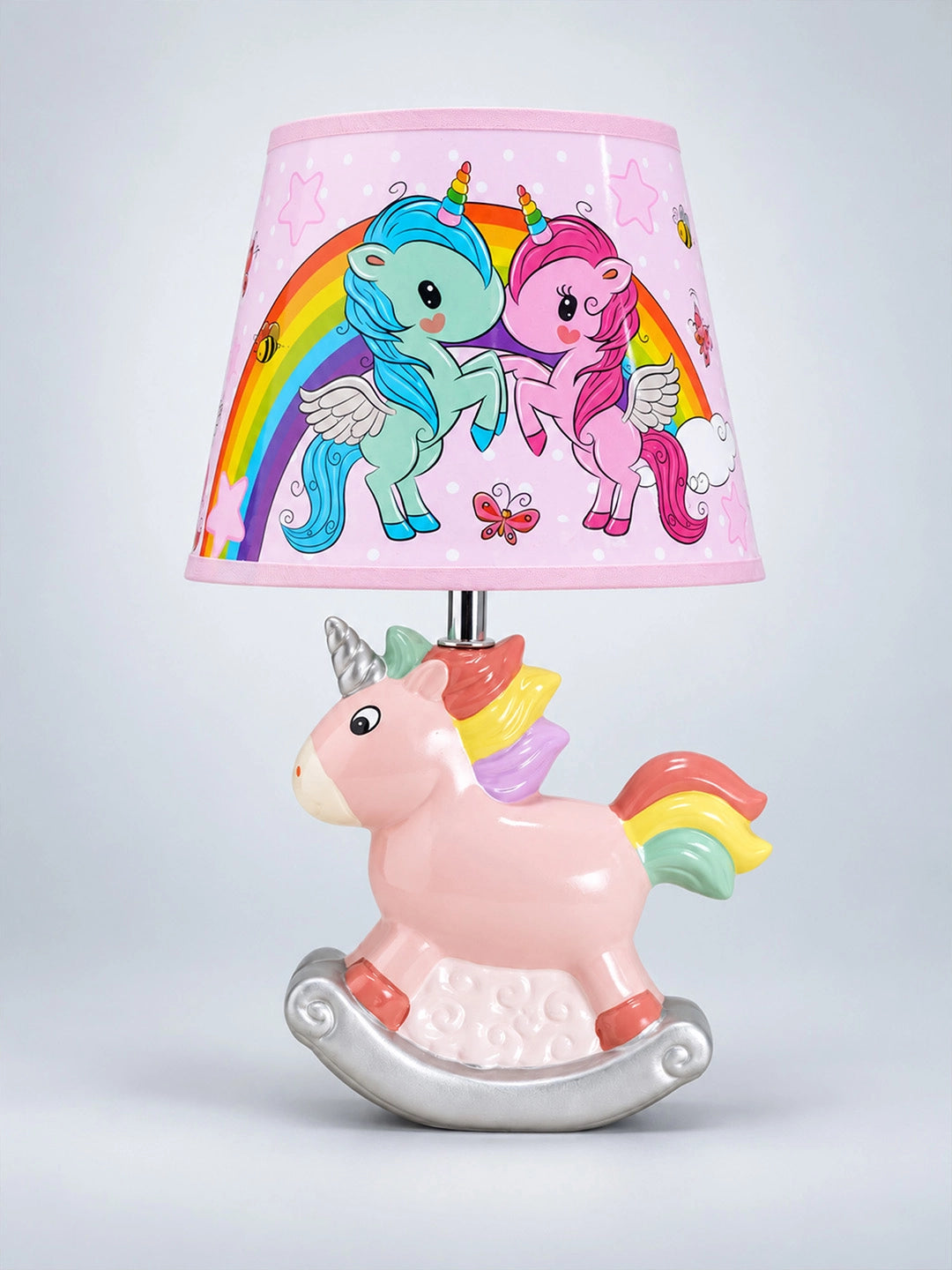Pink ceramic Rocking Unicorn side Bed Table Lamp, Kids Room Decor
