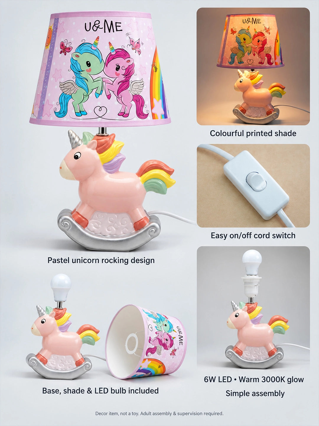 Pink ceramic Rocking Unicorn side Bed Table Lamp, Kids Room Decor