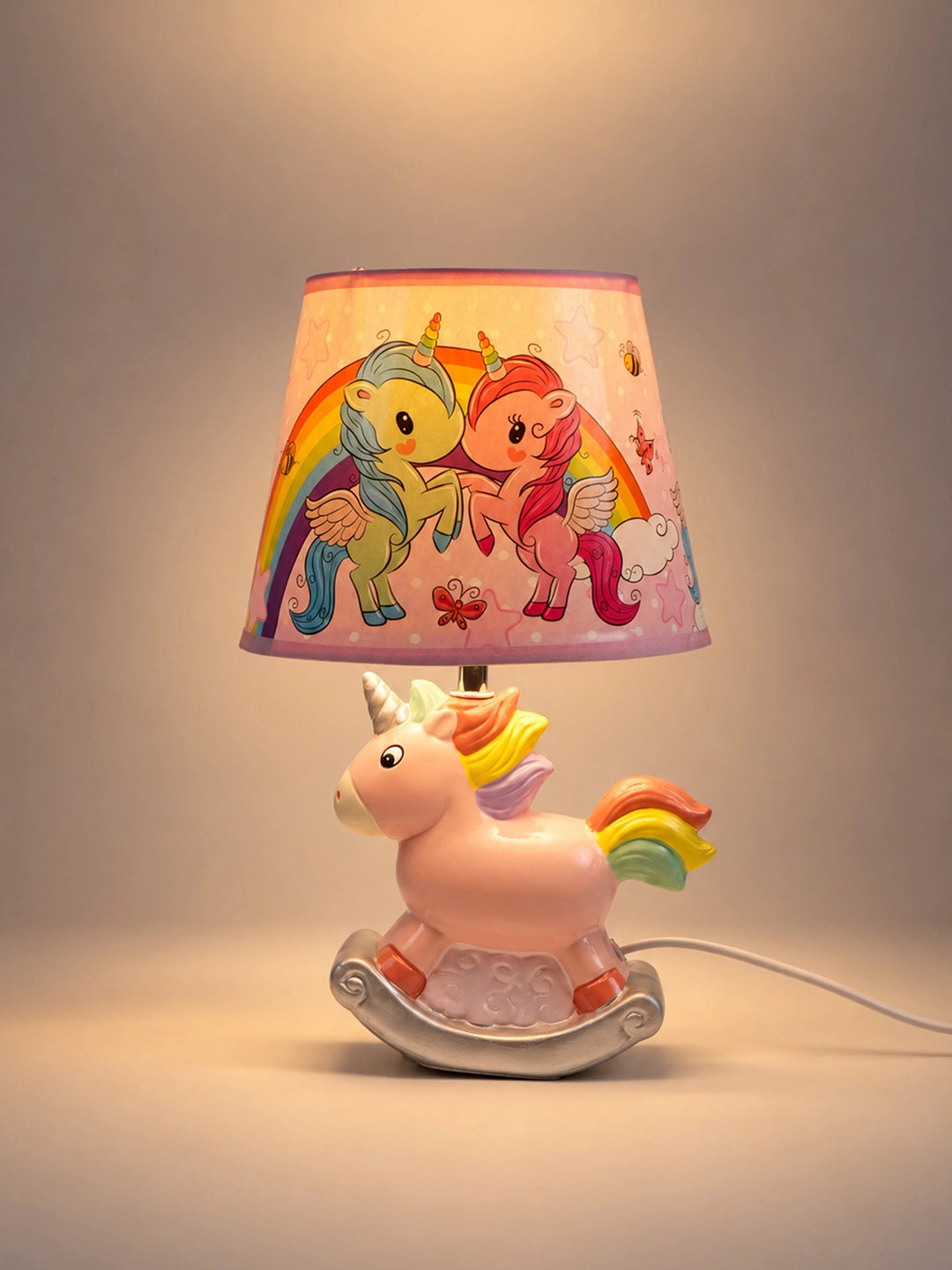 Pink ceramic Rocking Unicorn side Bed Table Lamp, Kids Room Decor