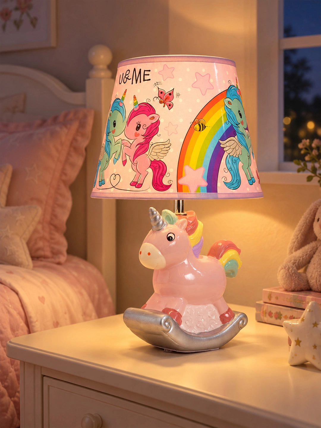 Pink ceramic Rocking Unicorn side Bed Table Lamp, Kids Room Decor