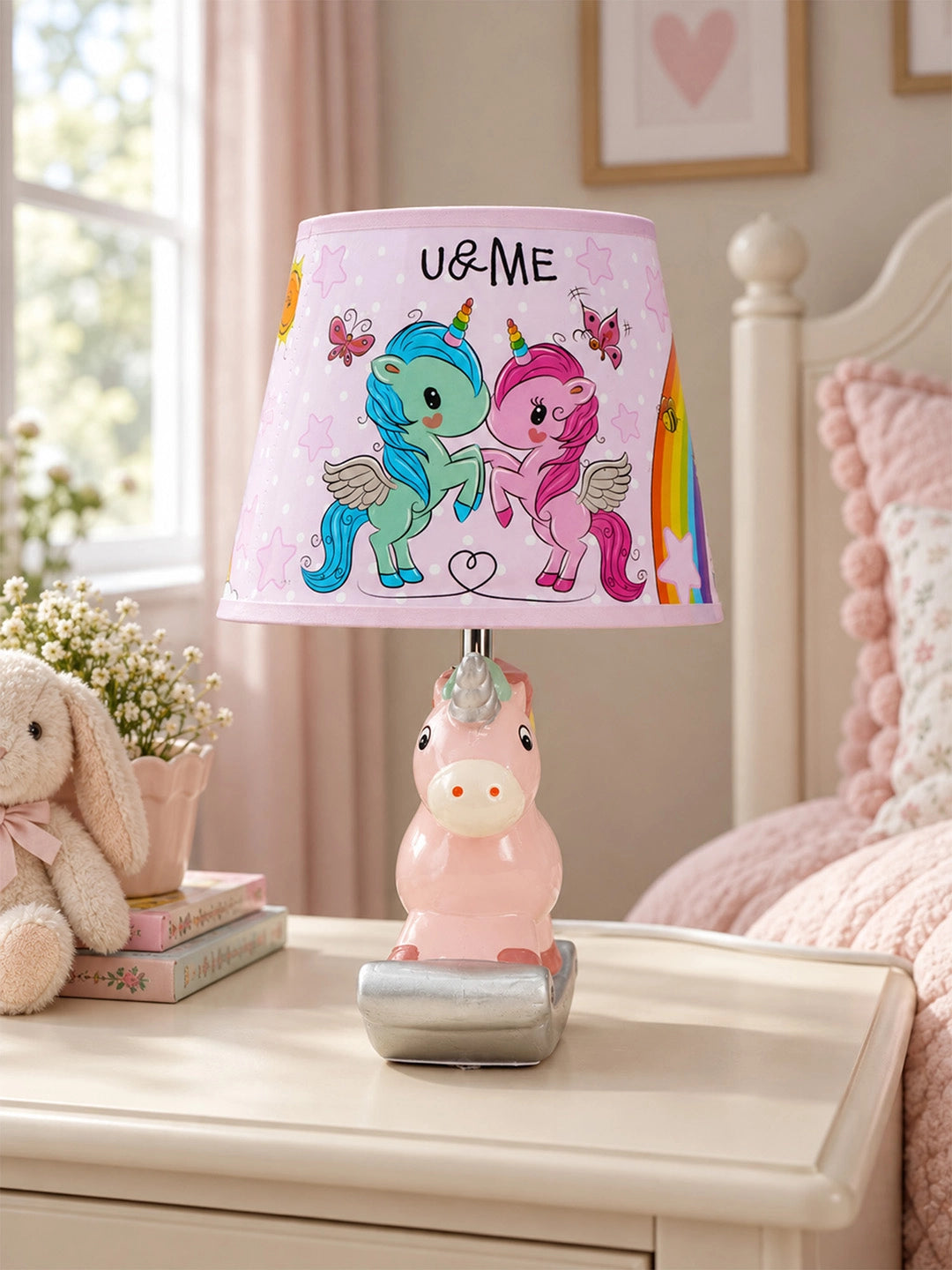 Pink ceramic Rocking Unicorn side Bed Table Lamp, Kids Room Decor