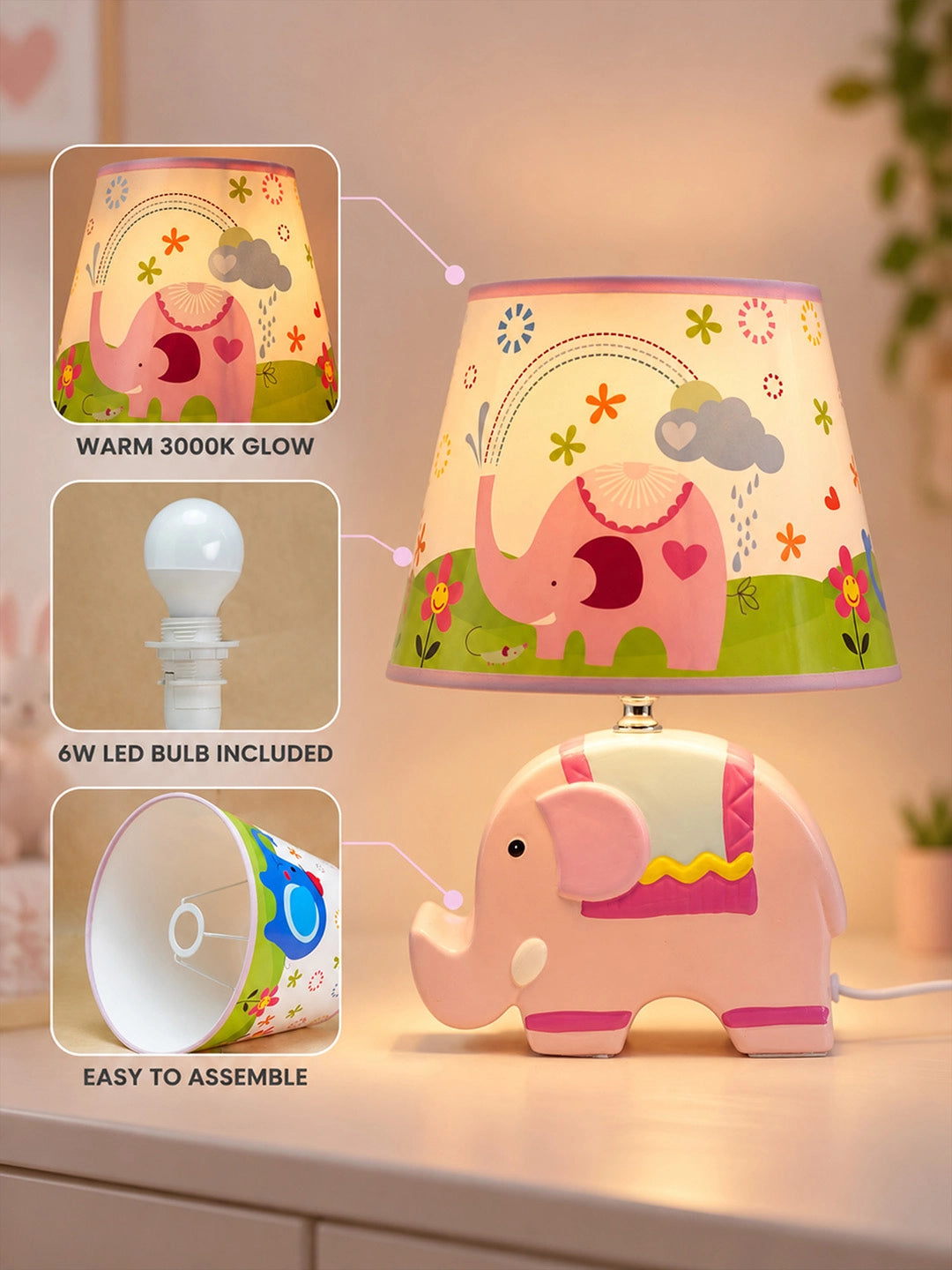 Pink ceramic Elephant side Bed Table Lamp, Kids Room Decor
