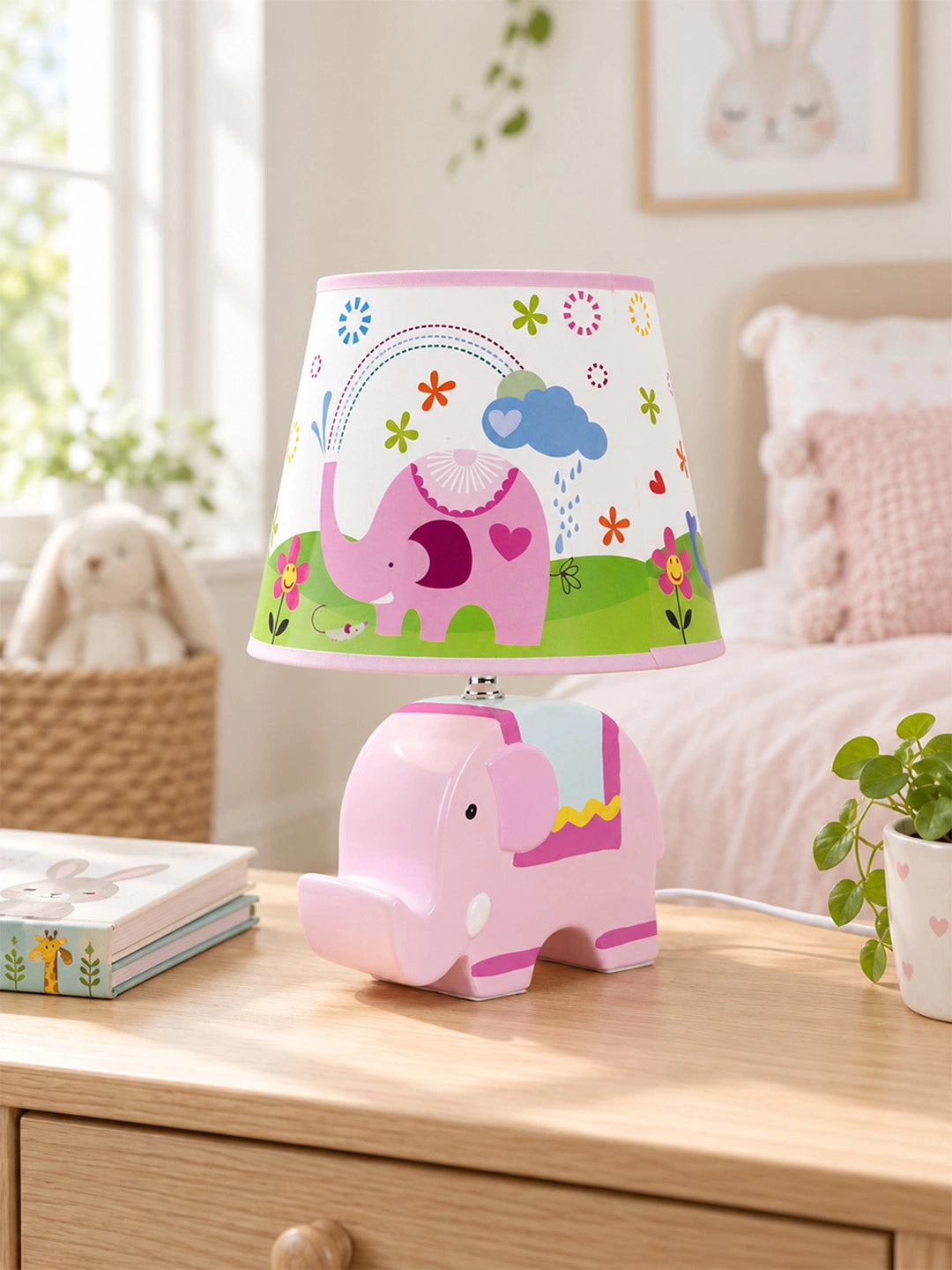 Pink ceramic Elephant side Bed Table Lamp, Kids Room Decor