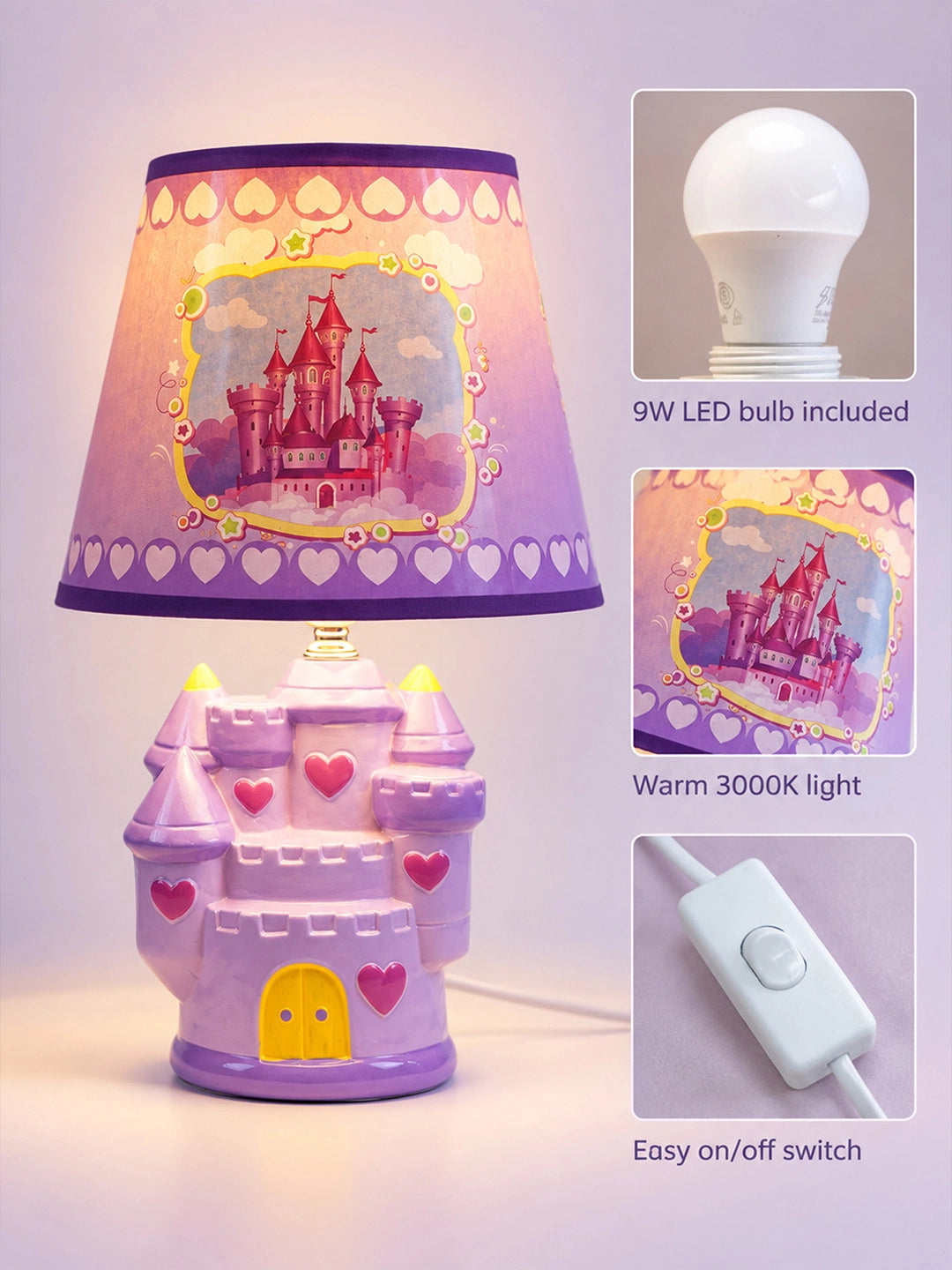 Purple Princess ceramic Castle side Bed Table Lamp, Kids Room Decor