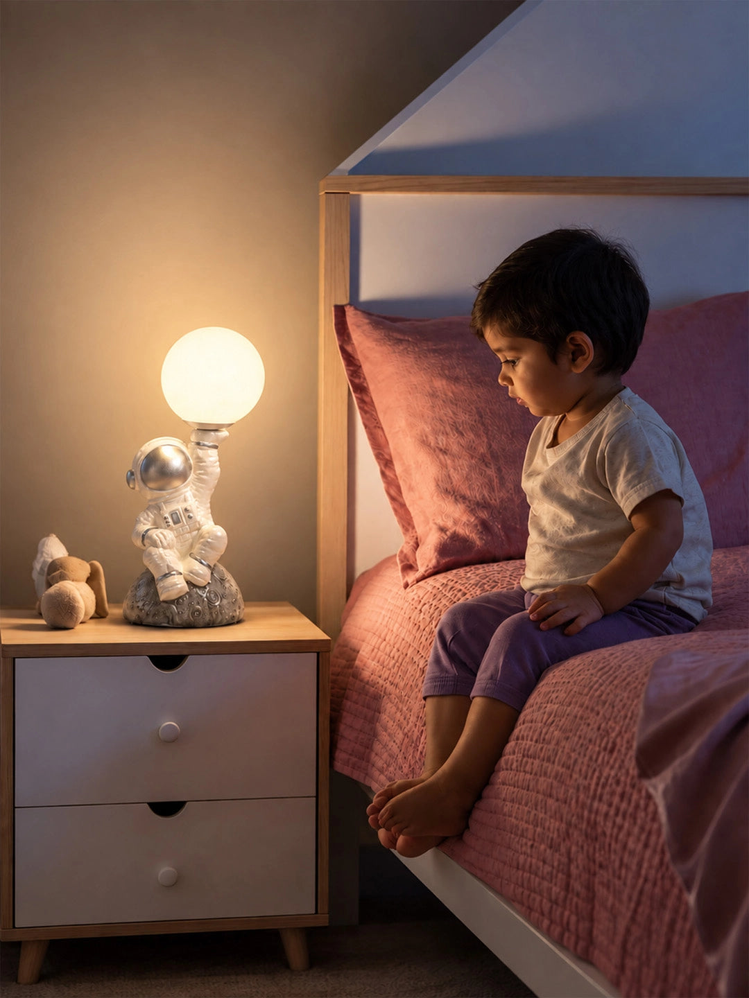 Silver Astronaut Holding Moon, side Bed Table Lamp, Kids Room Decor