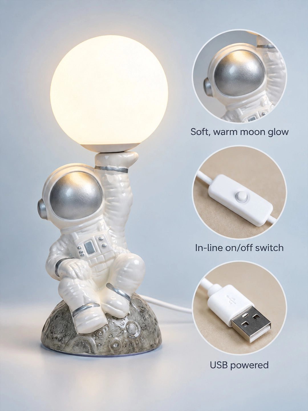 Silver Astronaut Holding Moon, side Bed Table Lamp, Kids Room Decor