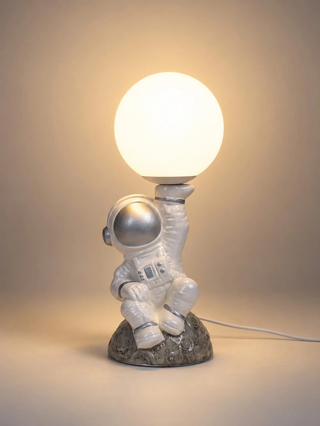 Silver Astronaut Holding Moon, side Bed Table Lamp, Kids Room Decor