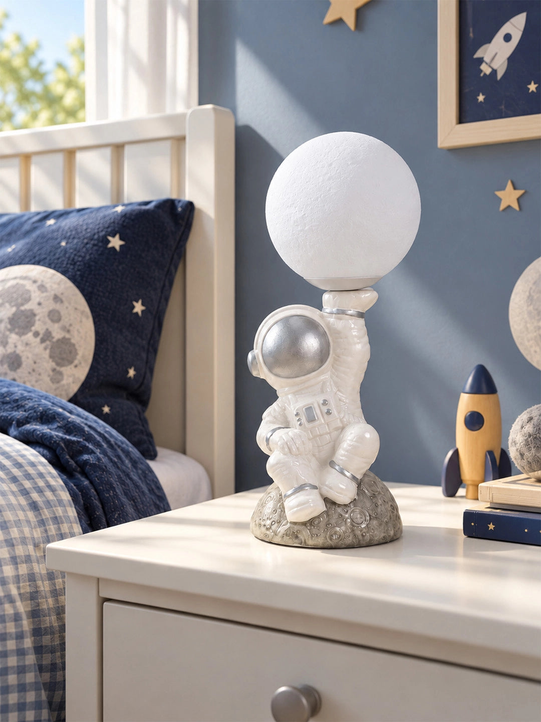 Silver Astronaut Holding Moon, side Bed Table Lamp, Kids Room Decor