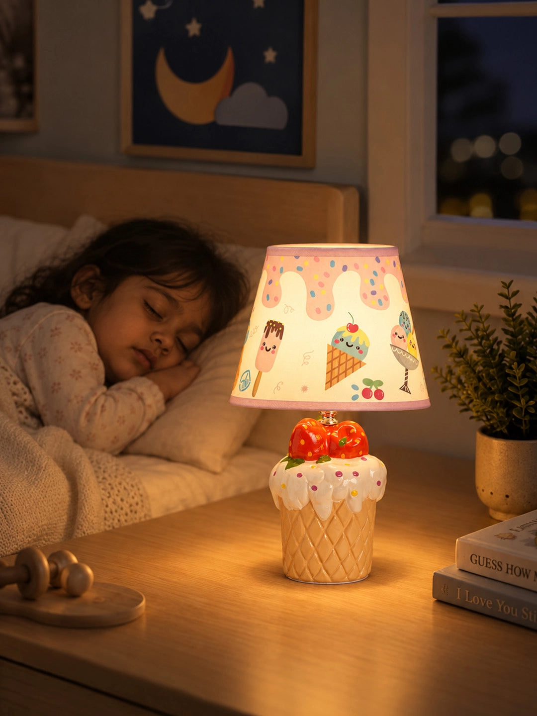 White ceramic Ice Cream side Bed Table Lamp, Kids Room Decor