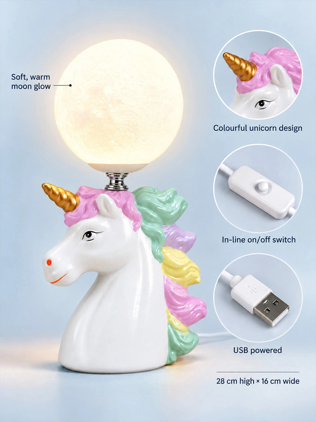White ceramic Unicorn Moon, side Bed Table Lamp, Kids Room Decor