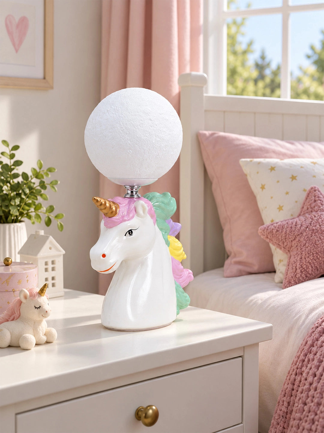 White ceramic Unicorn Moon, side Bed Table Lamp, Kids Room Decor