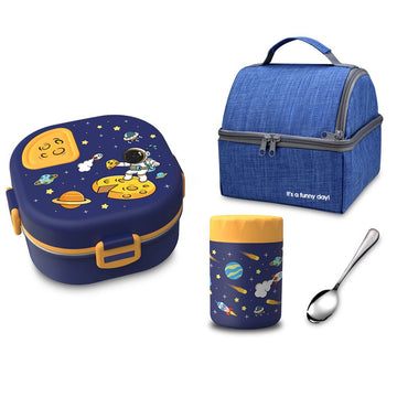 Blue Space Slice 2pcs, Stainless Steel Soup Box and Lunch Box with Bag for Kids