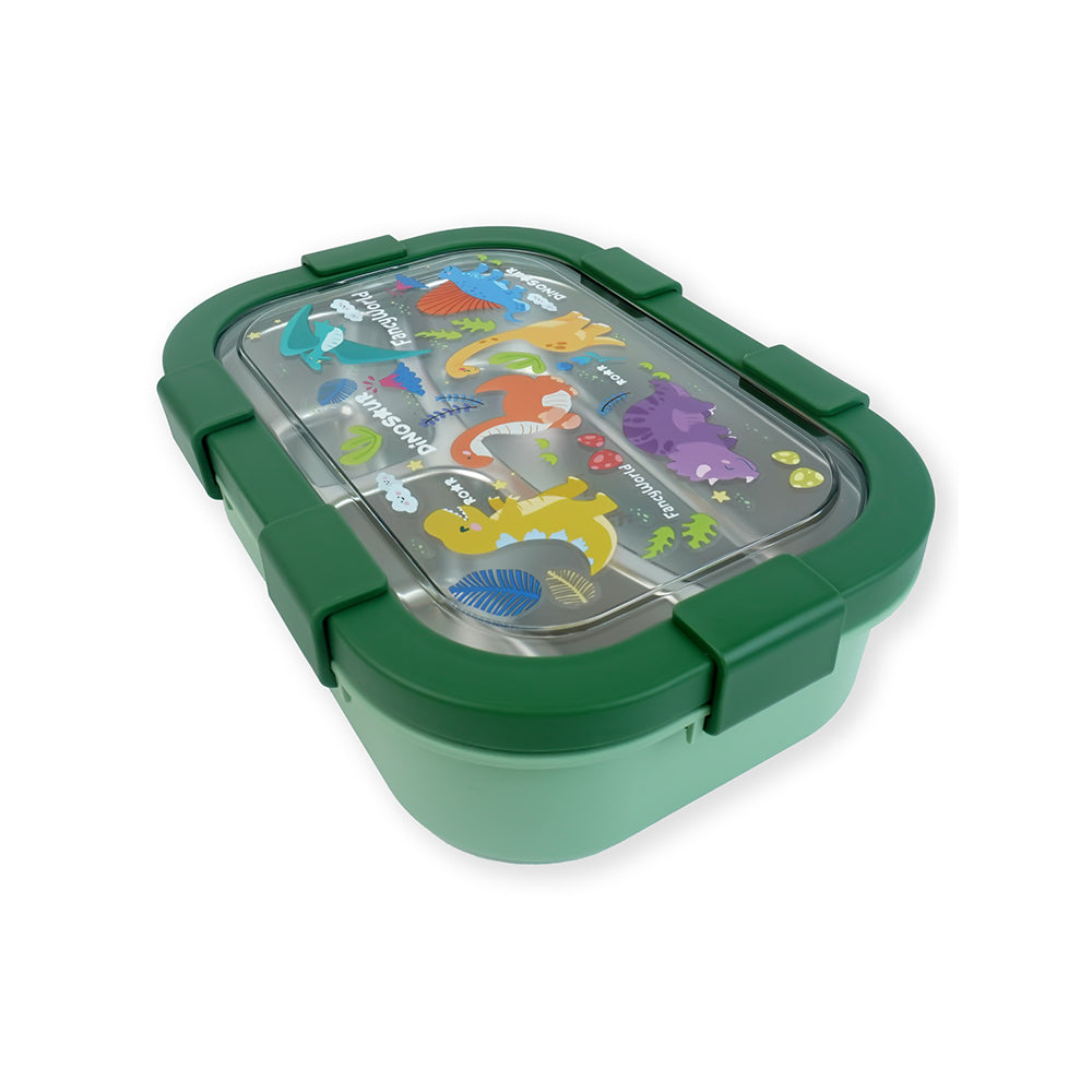 3 Sections Olive Dino Stainless Steel Lunch Box For Kids
