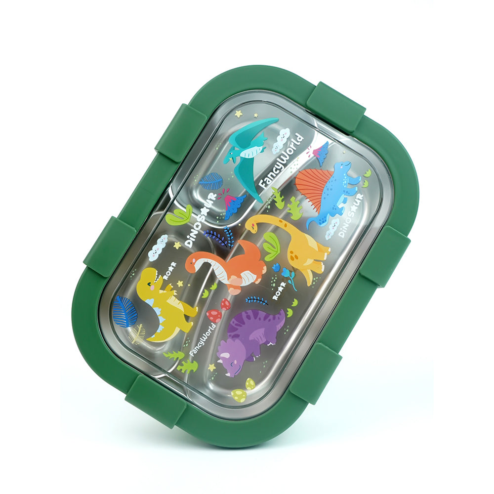 3 Sections Olive Dino Stainless Steel Lunch Box For Kids