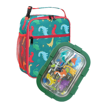 2 pcs Dino LunchBag & Stainless Steel 3 section Lunch box for Kids