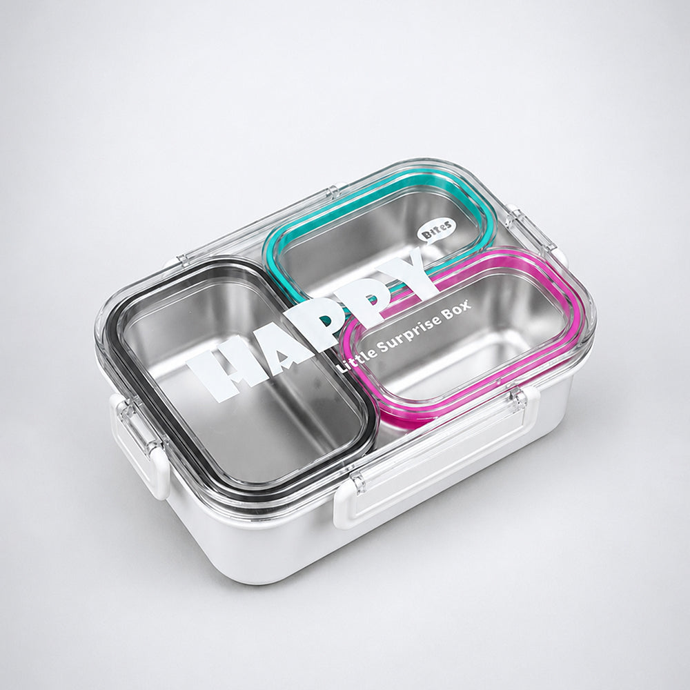 Black, Mint & Pink Transparent Lid Happy Bites Stainless Steel Lunch Box