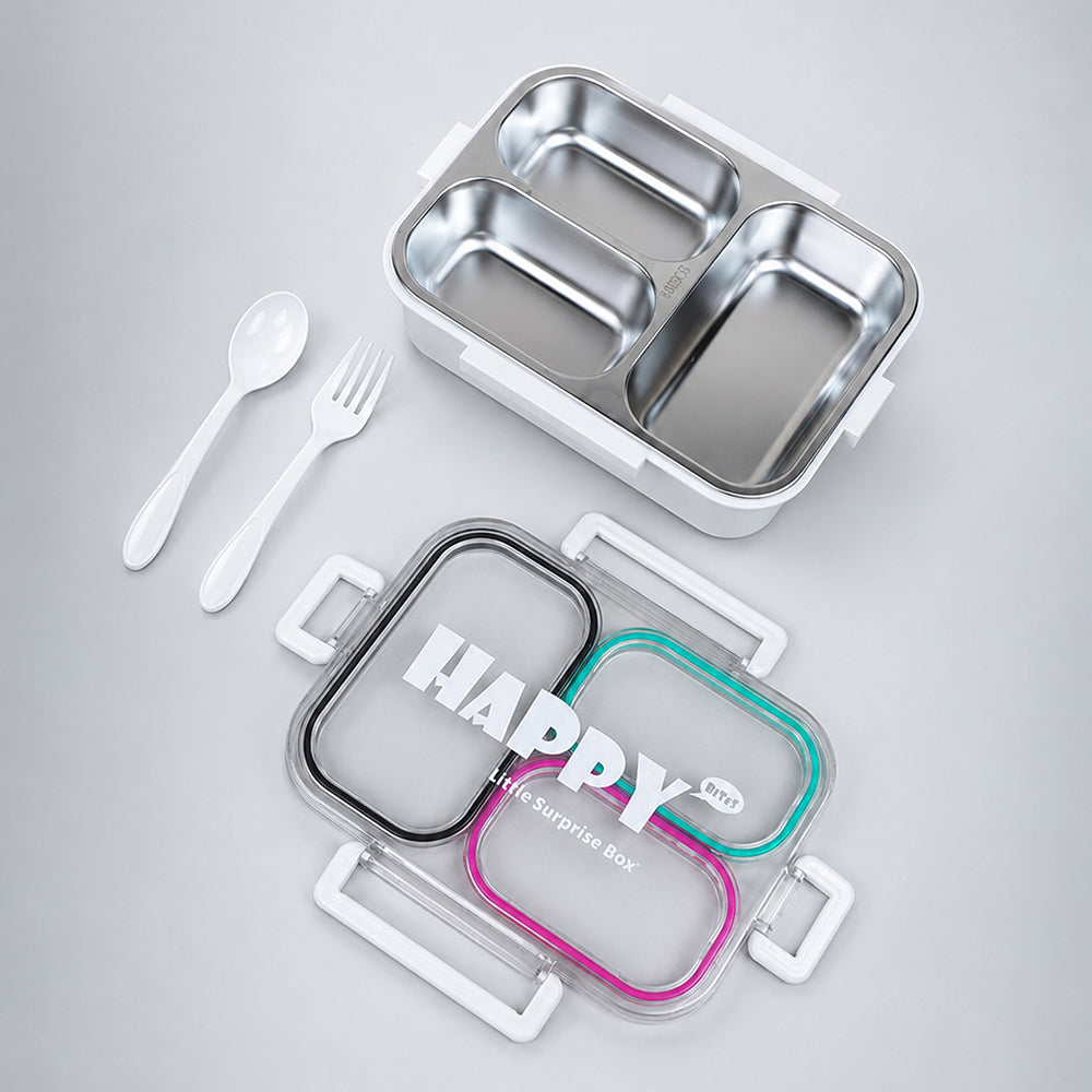 Black, Mint & Pink Transparent Lid Happy Bites Stainless Steel Lunch Box