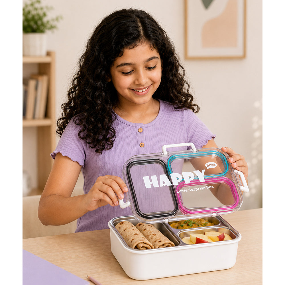 Black, Mint & Pink Transparent Lid Happy Bites Stainless Steel Lunch Box