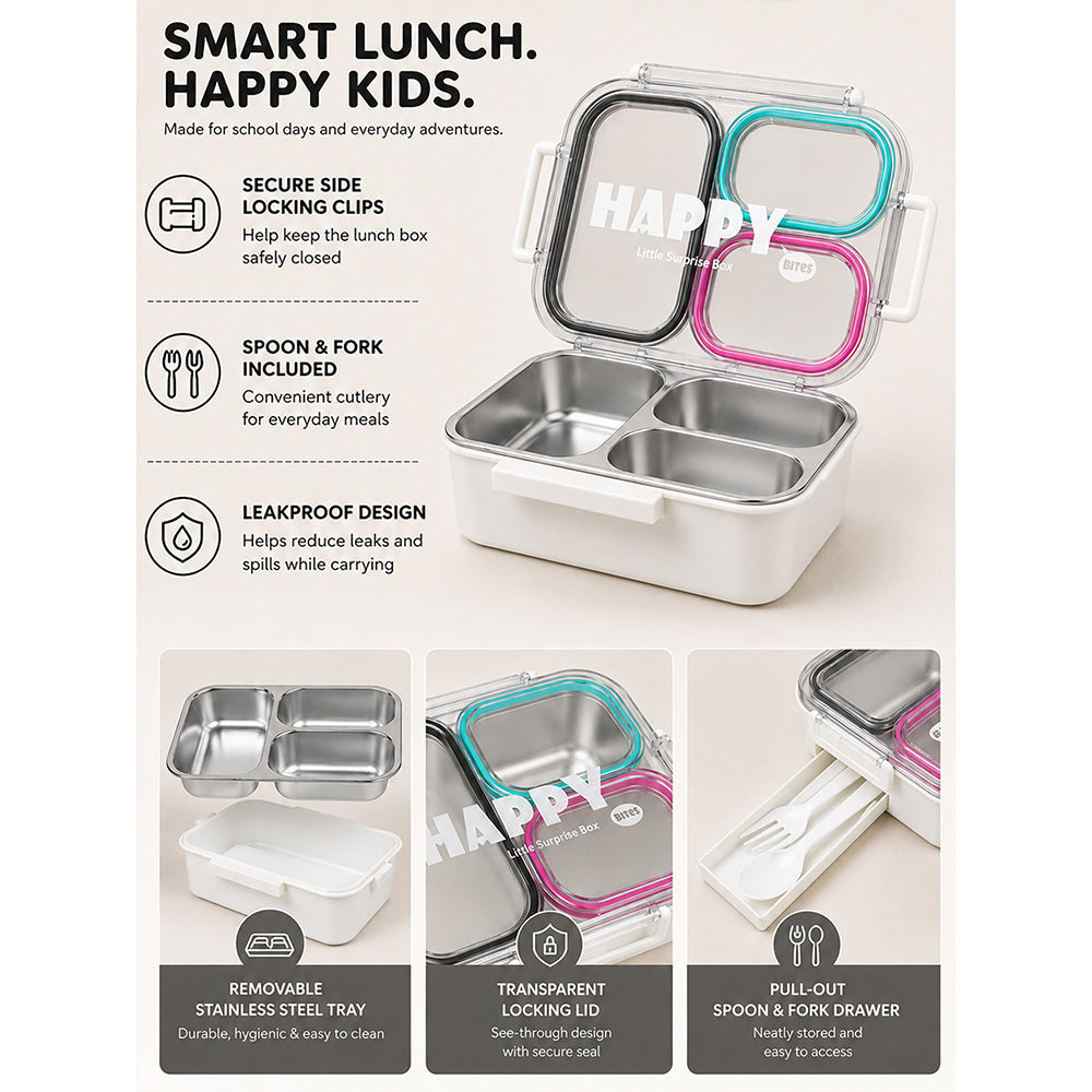 Black, Mint & Pink Transparent Lid Happy Bites Stainless Steel Lunch Box