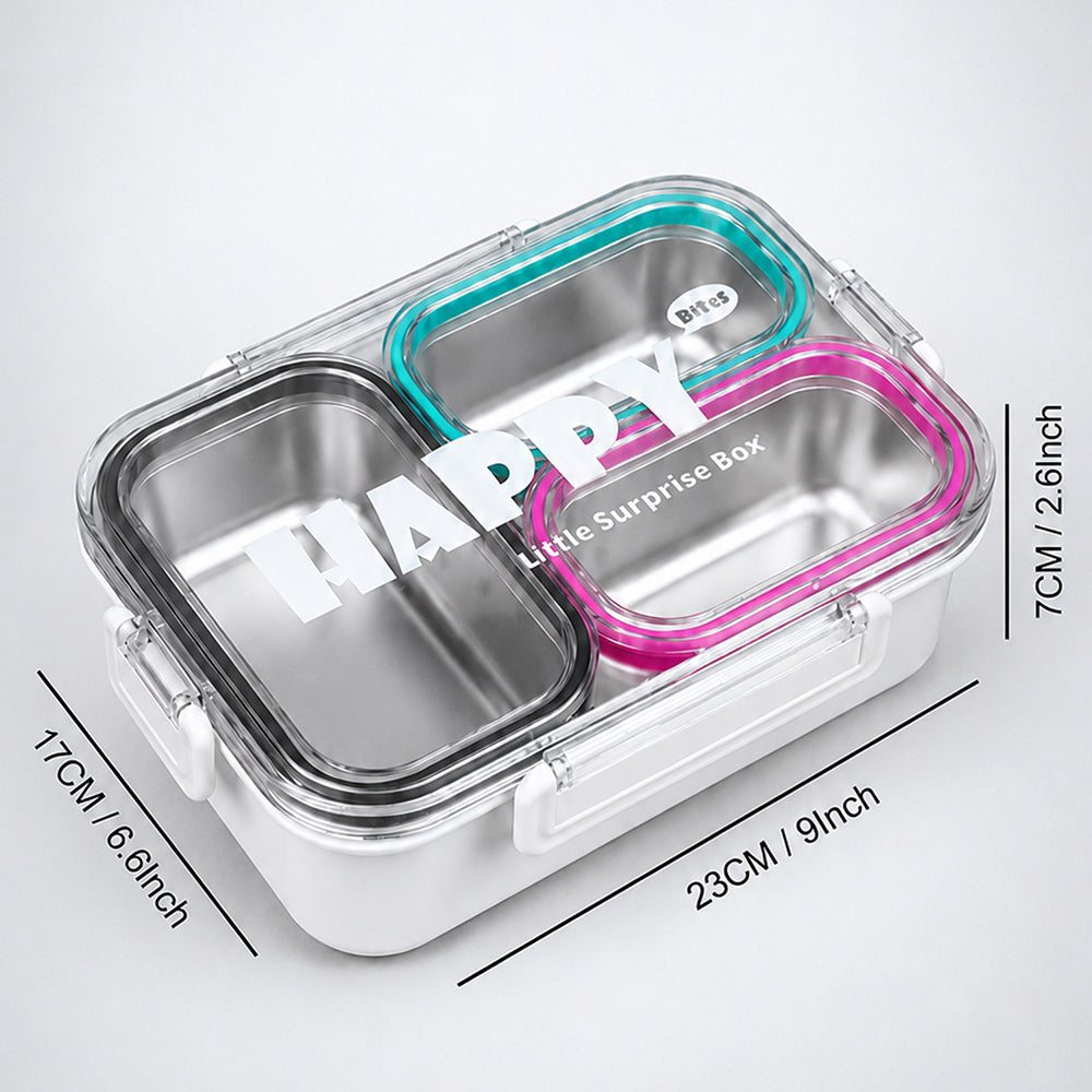 Black, Mint & Pink Transparent Lid Happy Bites Stainless Steel Lunch Box