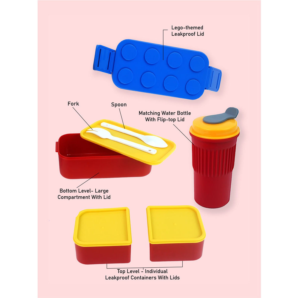 2Pcs Rectangle Blue Lego Lid Bpa Free Plastic Kids Lunch Box Plus Cup Bottle For Kids