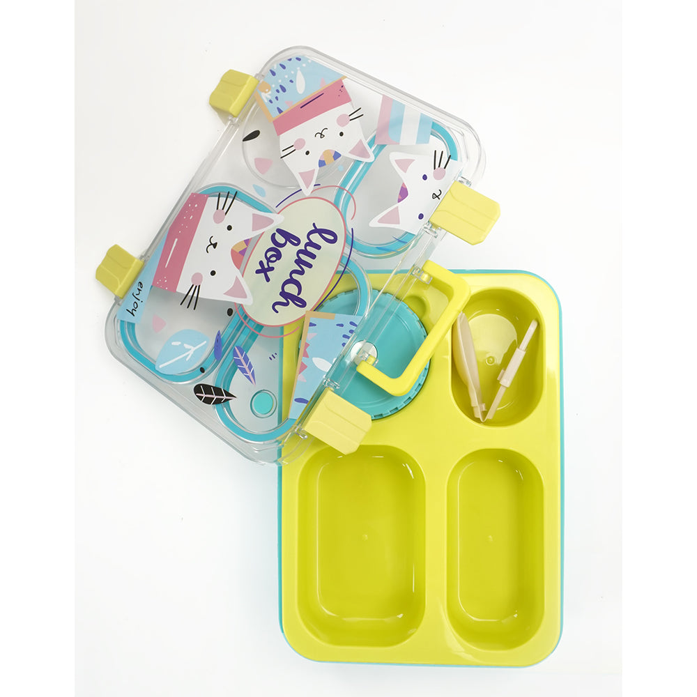 Mint & Fluro Meow Compact Tiffin Lunch Box for Kids