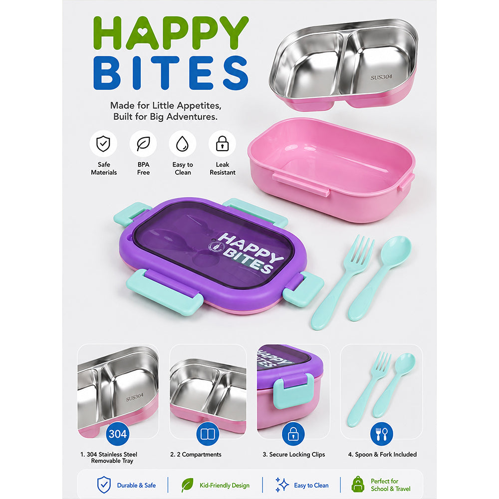 Purple Lid Happy Bites Bento Stainless Steel Lunch Box