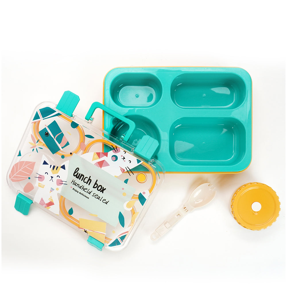Teal & Mustard Meow Compact Tiffin Lunch Box for Kids