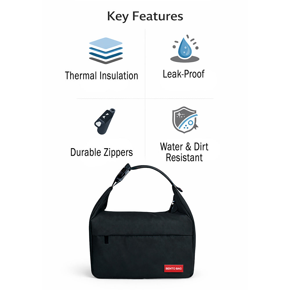 Black Adjustable Buckle Hook Style Insulated Lunch Bag for Kids & Adults