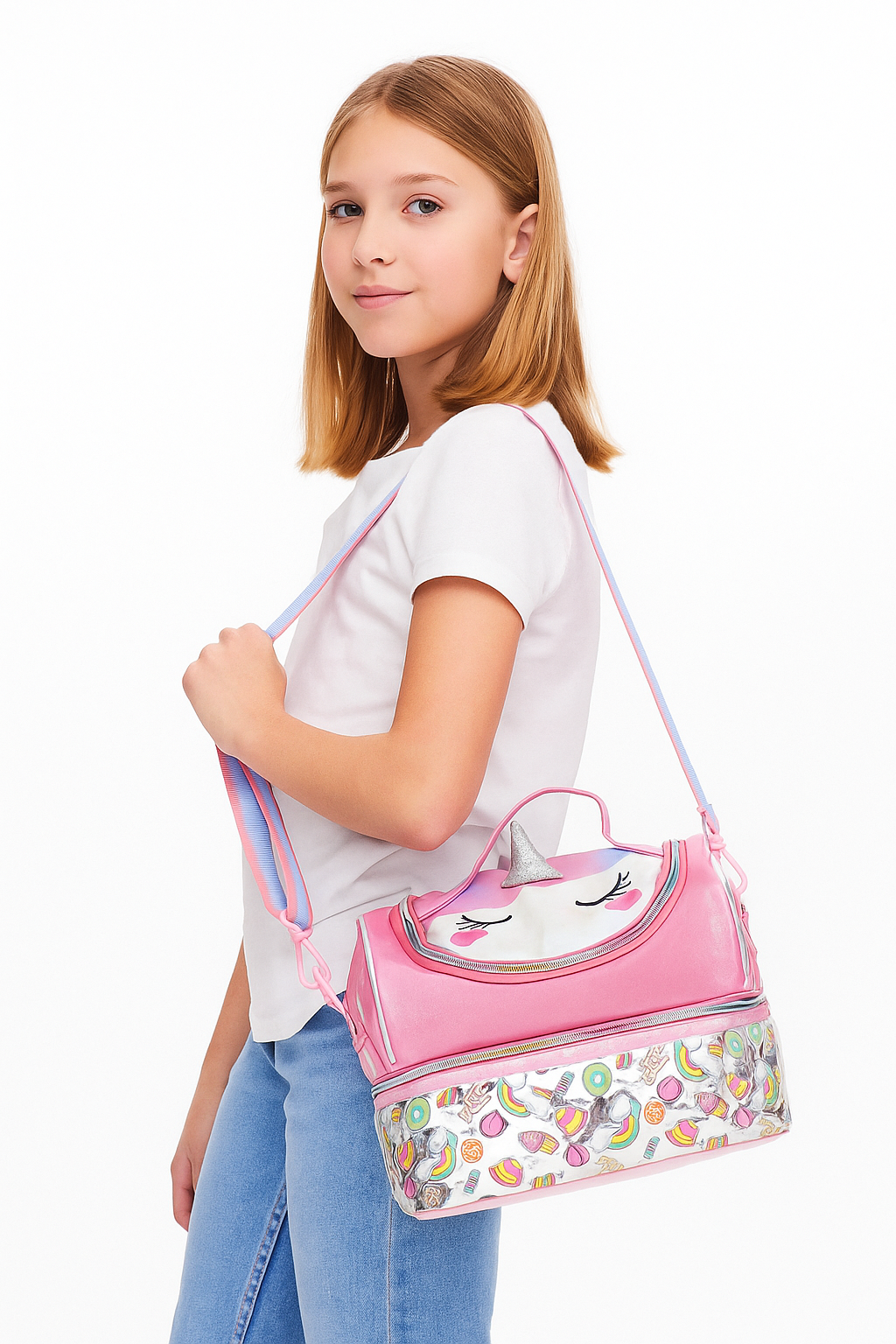 Shiny Unicorn Theme Double Compartment Insulated Lunch Bag For Kids