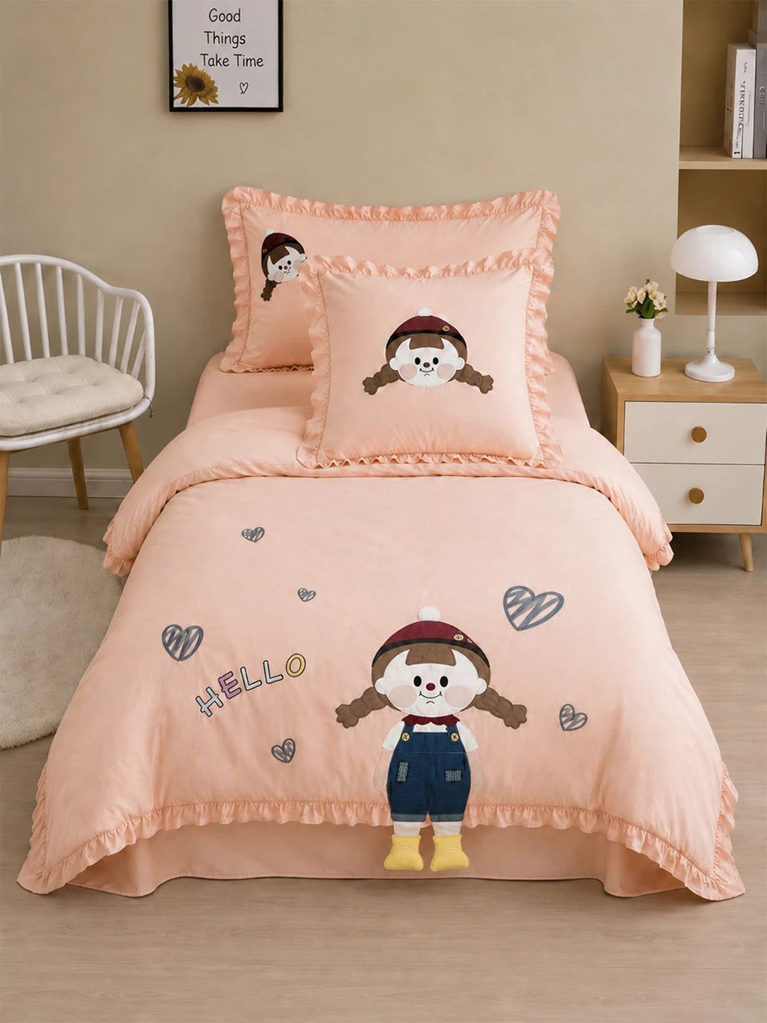 4 pcs Little Girl Theme Luxe Embroidered & 3D hanging collection of Single bed comforter, 1 flat bedsheet, 2 pillow covers entire Bedding Set for Single Size Bed.
