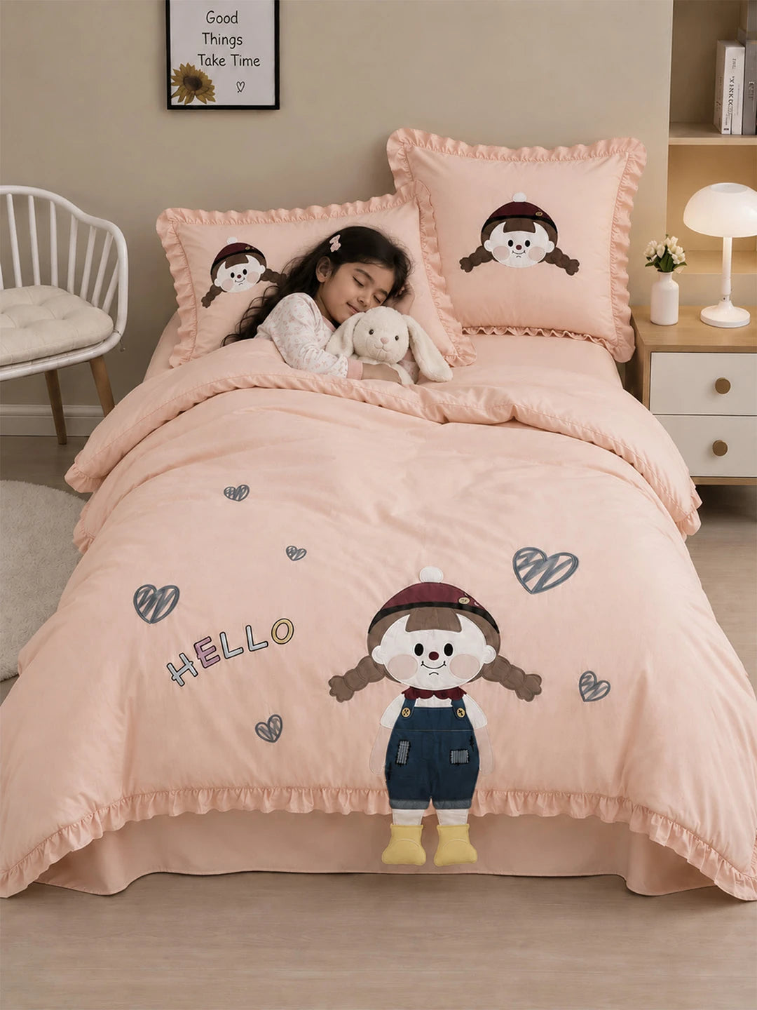 4 pcs Little Girl Theme Luxe Embroidered & 3D hanging collection of Single bed comforter, 1 flat bedsheet, 2 pillow covers entire Bedding Set for Single Size Bed.