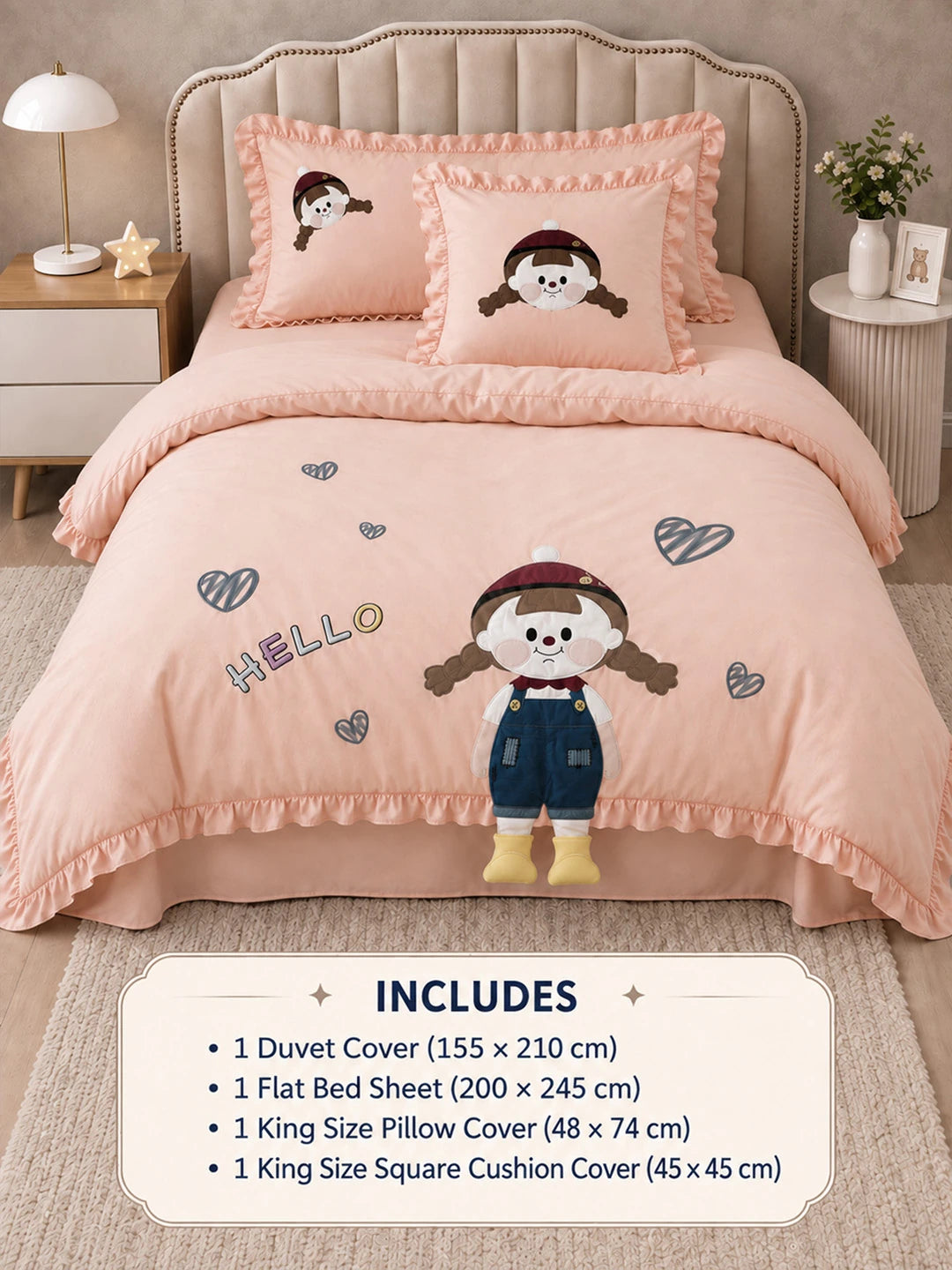 4 pcs Little Girl Theme Luxe Embroidered & 3D hanging collection of Single bed comforter, 1 flat bedsheet, 2 pillow covers entire Bedding Set for Single Size Bed.
