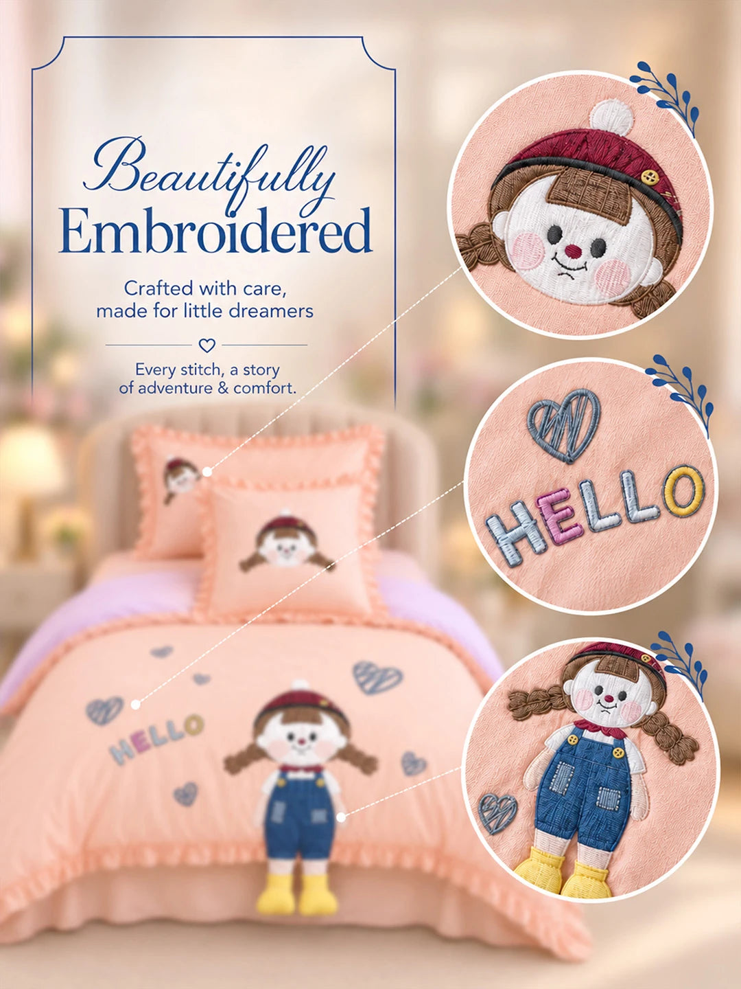 4 pcs Little Girl Theme Luxe Embroidered & 3D hanging collection of Single bed comforter, 1 flat bedsheet, 2 pillow covers entire Bedding Set for Single Size Bed.