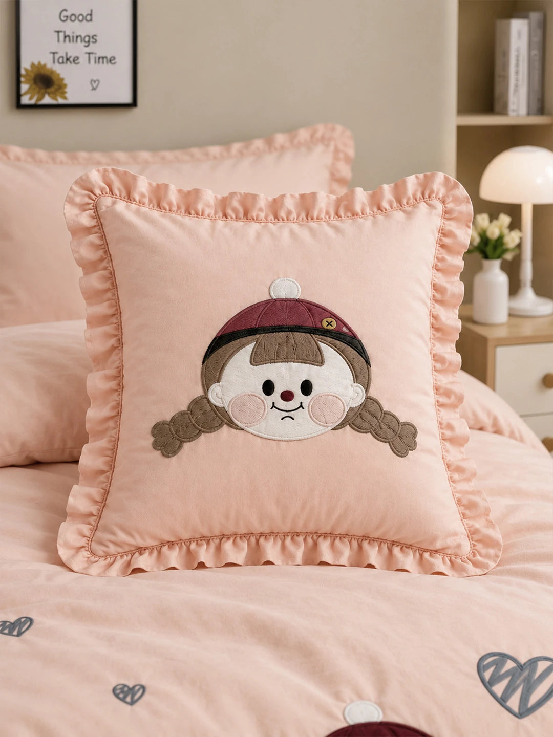 4 pcs Little Girl Theme Luxe Embroidered & 3D hanging collection of Single bed comforter, 1 flat bedsheet, 2 pillow covers entire Bedding Set for Single Size Bed.