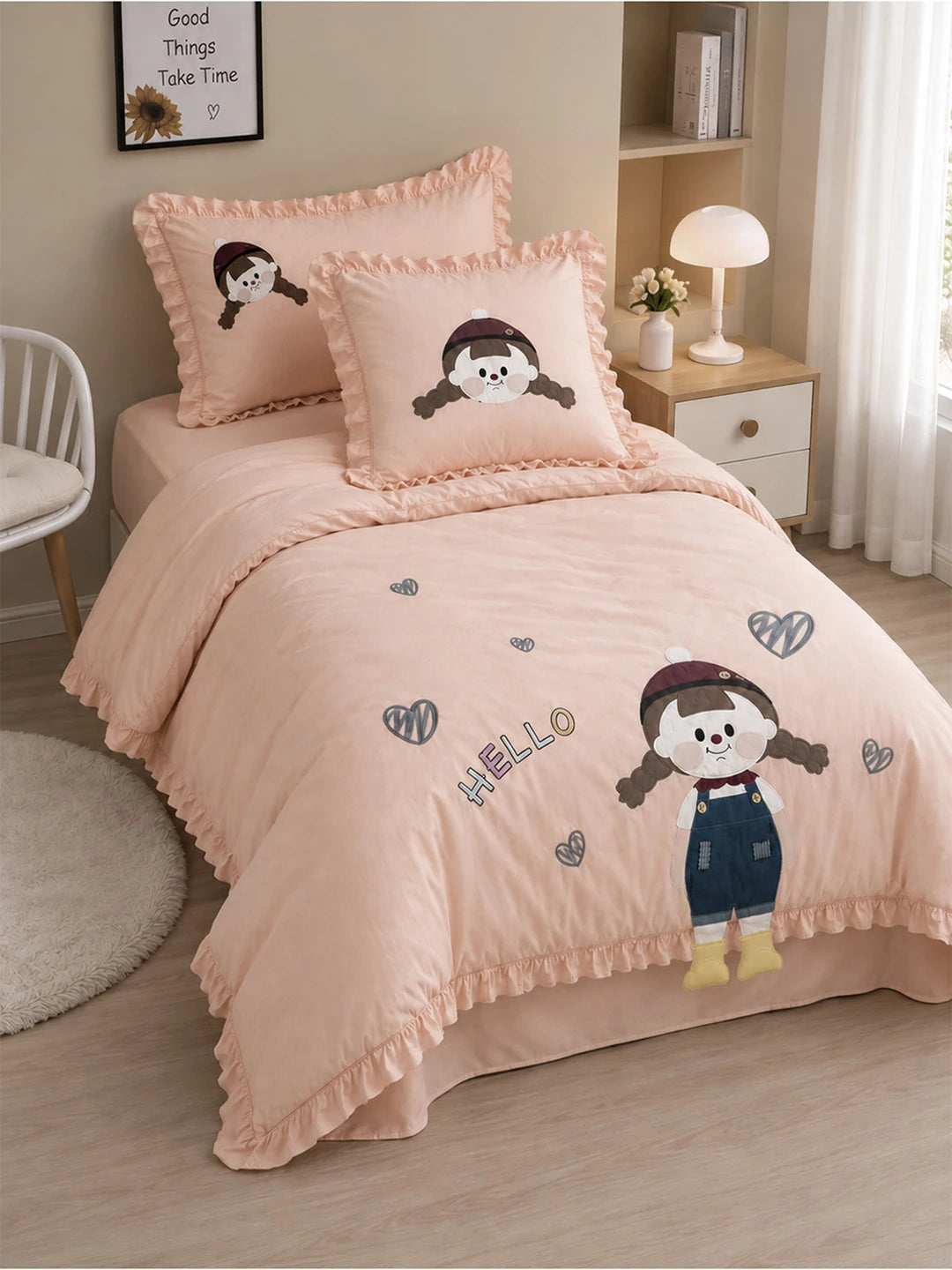 4 pcs Little Girl Theme Luxe Embroidered & 3D hanging collection of Single bed comforter, 1 flat bedsheet, 2 pillow covers entire Bedding Set for Single Size Bed.